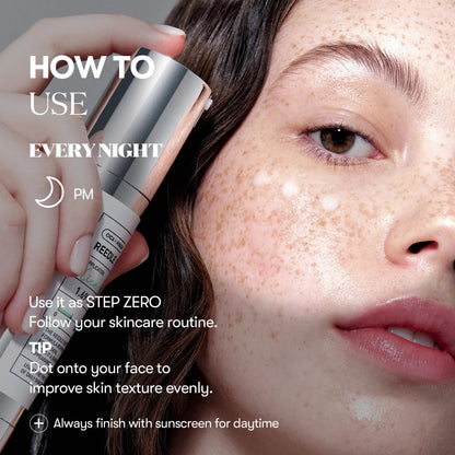Skincare product being applied to a face with text on how to use it every night.