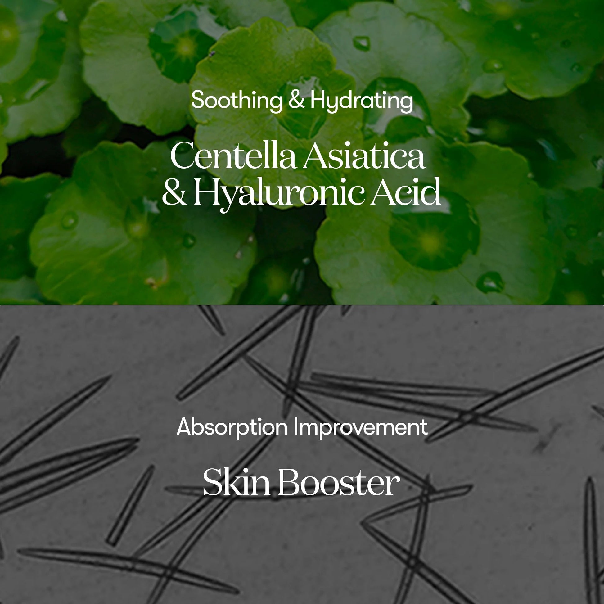 Product advertisement with green leaves and text about soothing, hydrating, and skin booster benefits.