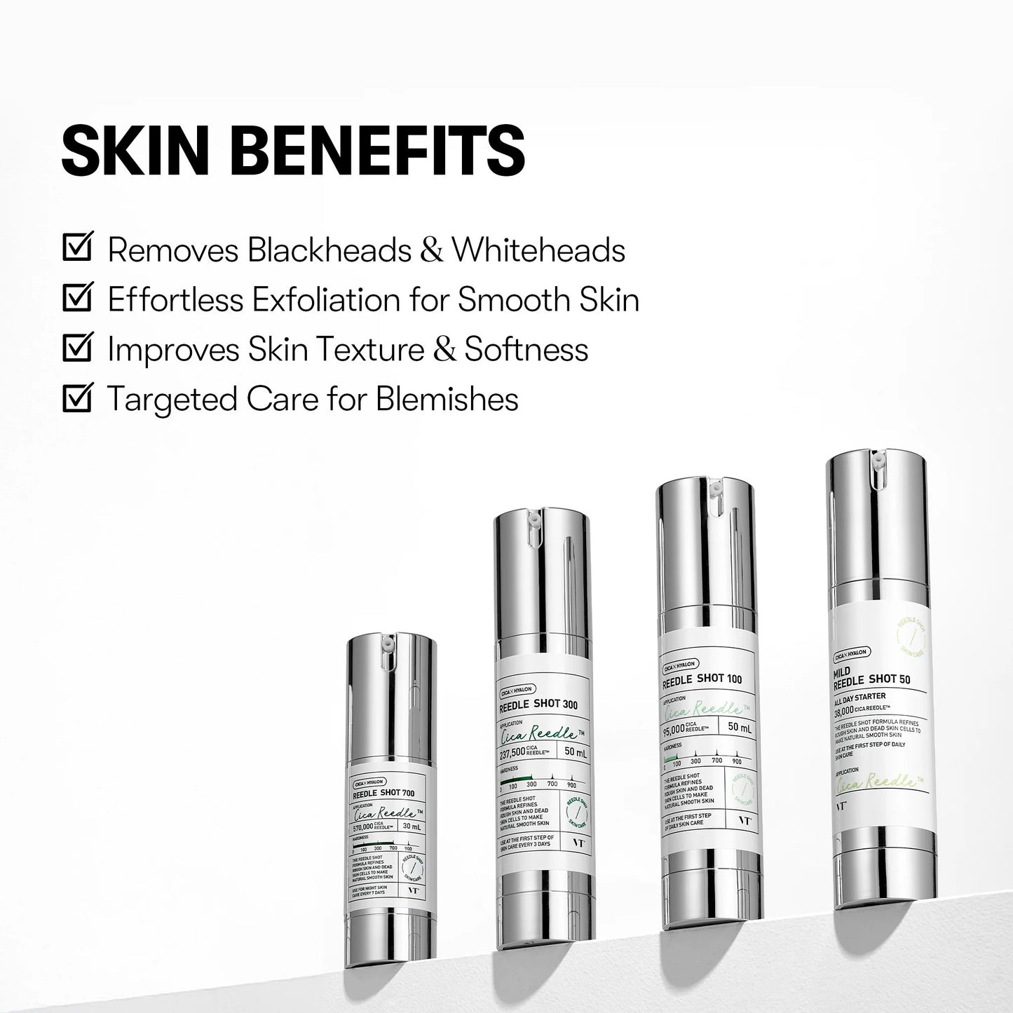 Skincare product bottles with skin benefits listed on a white background