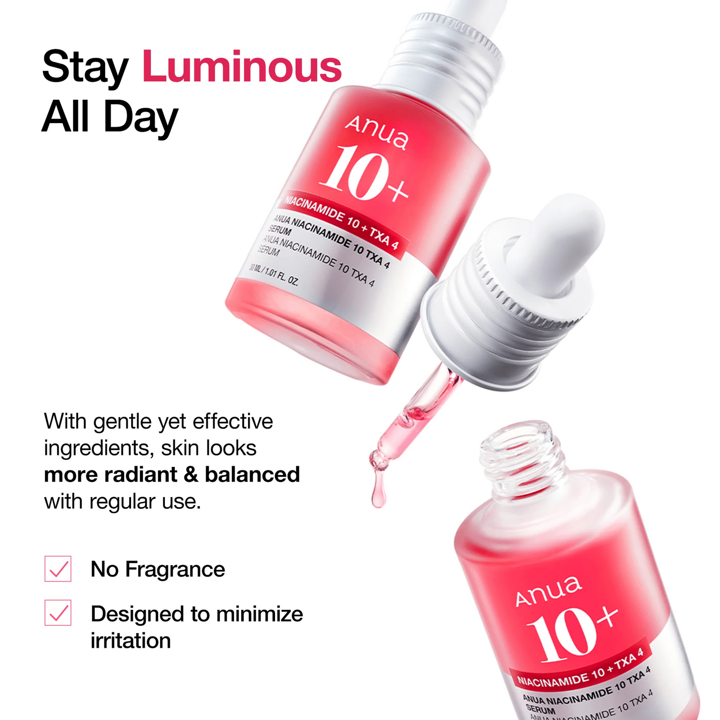 Anua 10+ skincare serum bottle with dropper on a white background