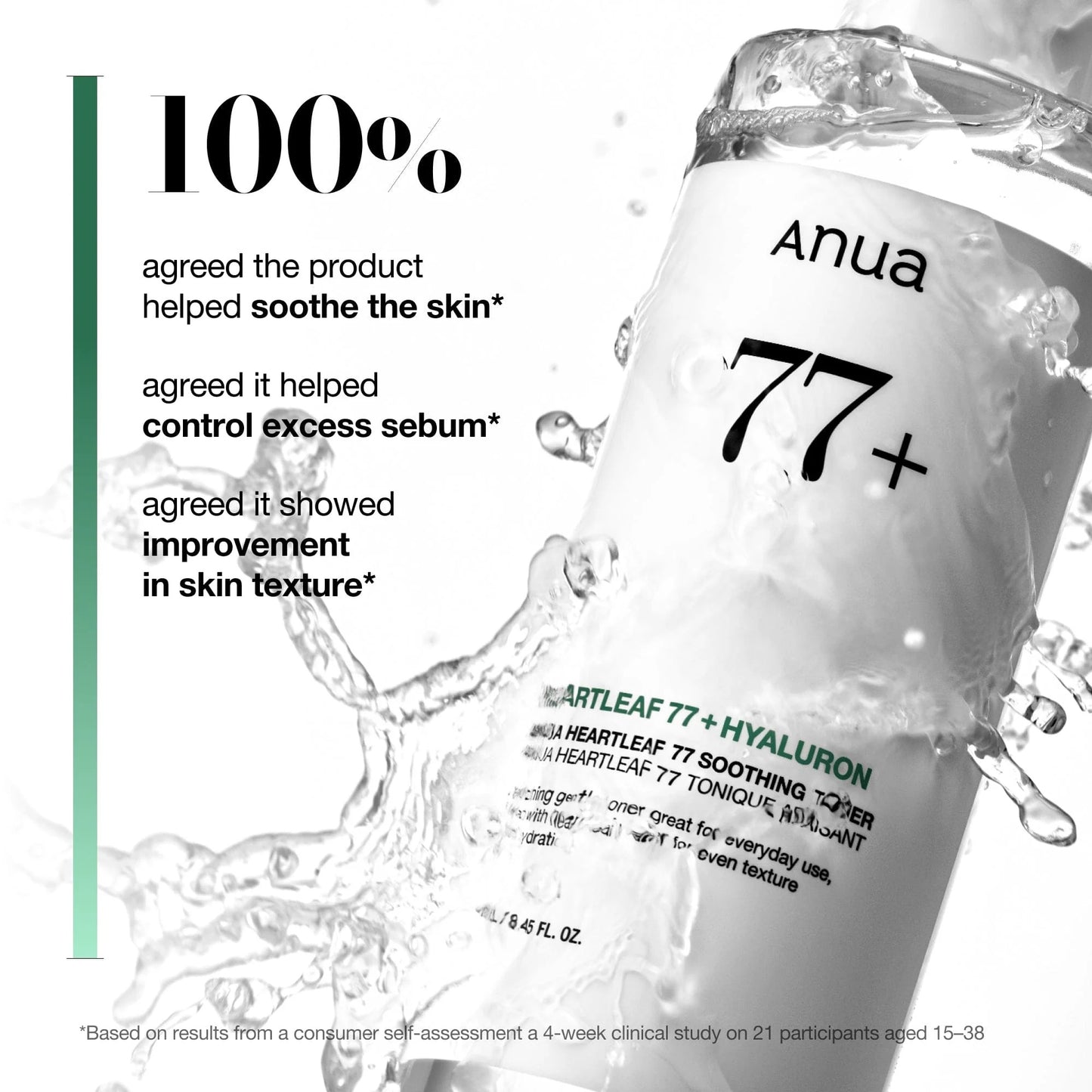 Anua skincare product with text about skin benefits and a clinical study result.