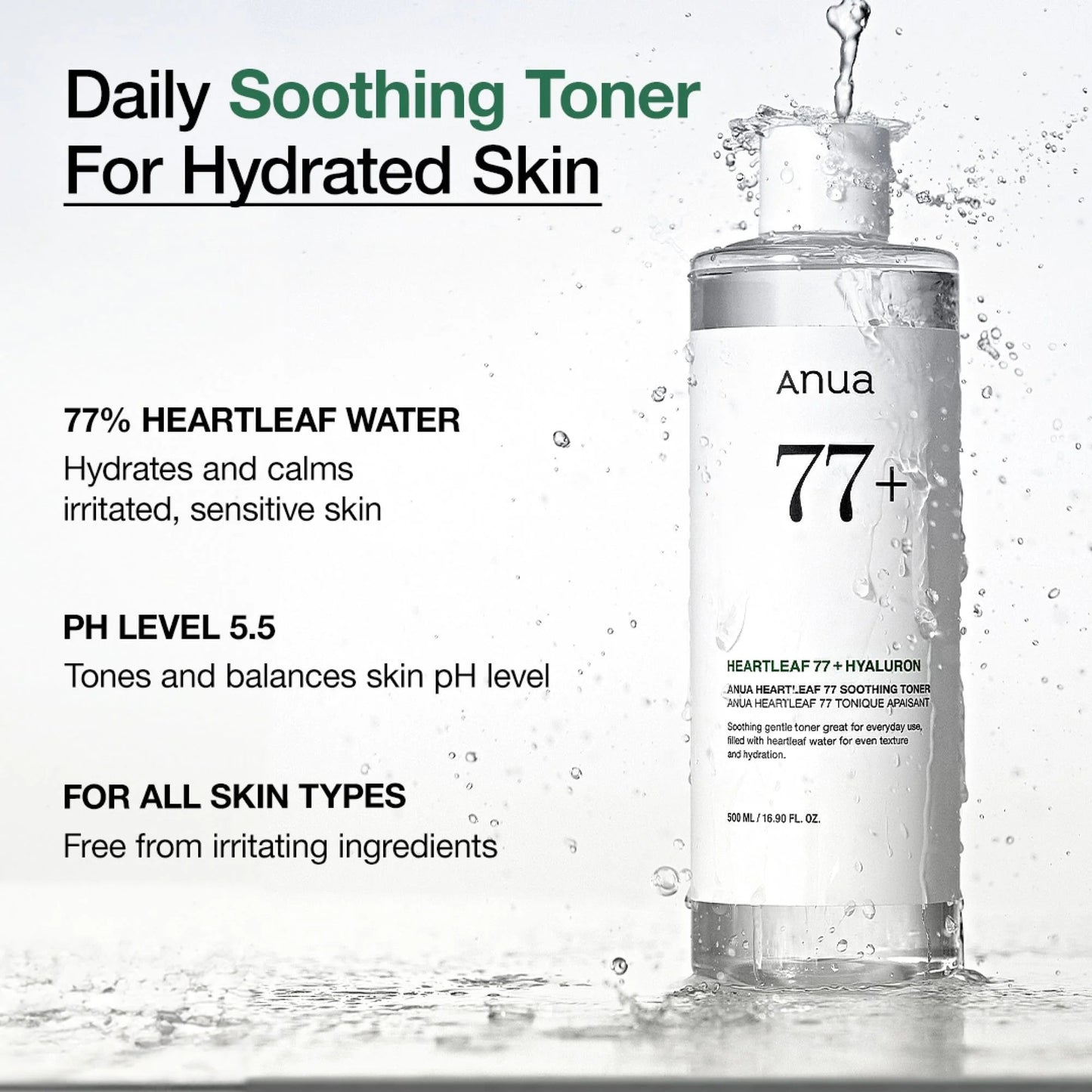 Anua 77+ Heartleaf Toner bottle with text about its benefits on a white background
