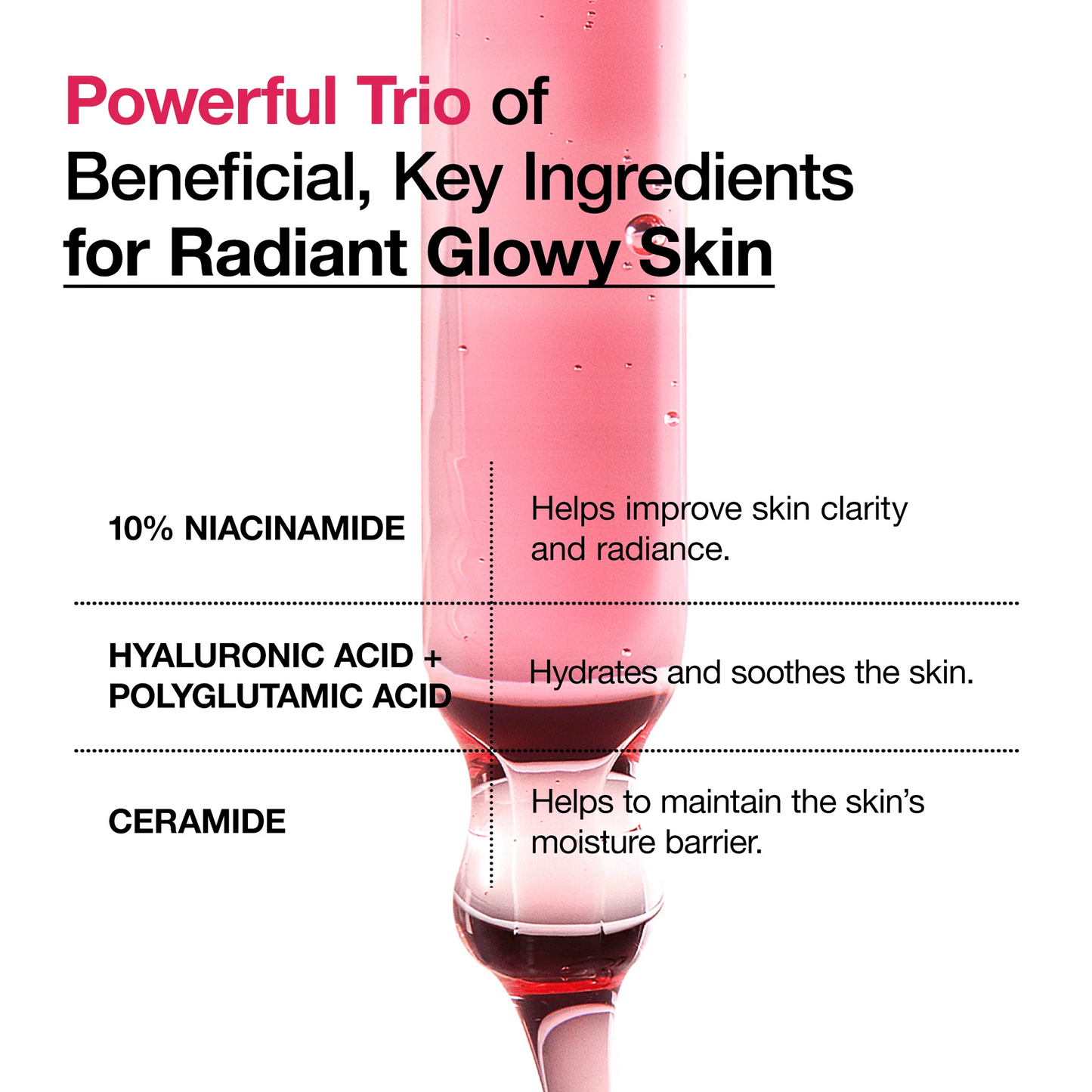 Product with text detailing beneficial ingredients for skin on a white background