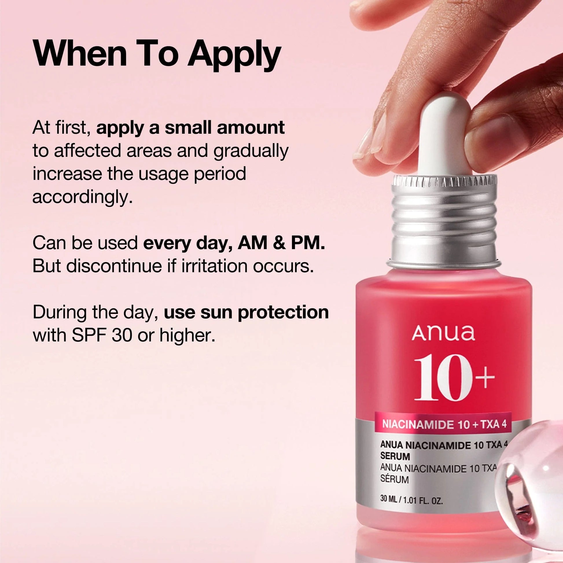 Anua skincare serum bottle with application instructions on a pink background