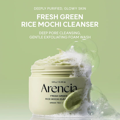Arencia Fresh Green Rice Mochi Cleanser with green background and product details.