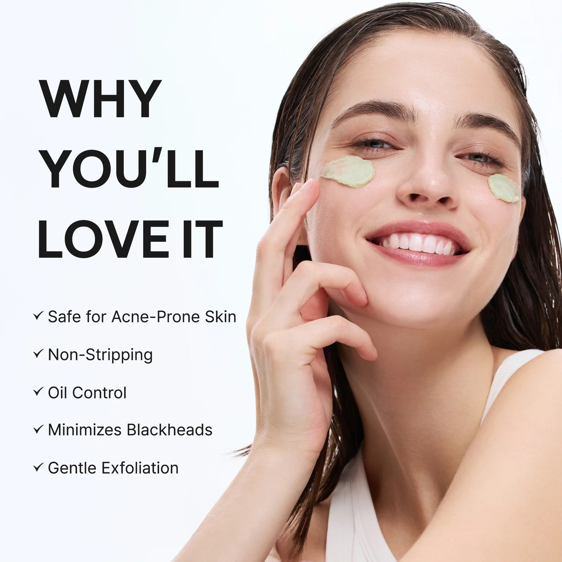 Woman applying a skincare product with text highlighting its benefits on a white background