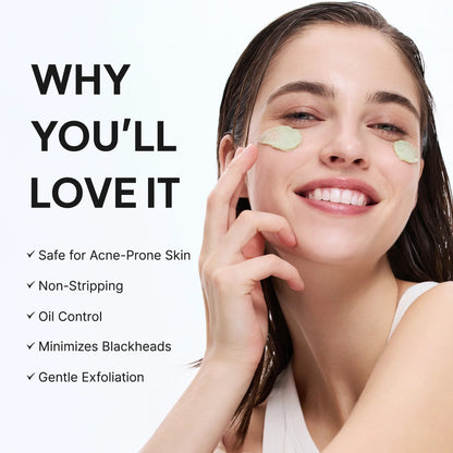 Woman applying a skincare product with text highlighting its benefits on a white background