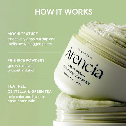 Arencia Fresh Green Rice Mochi Cleanser with text on how it works