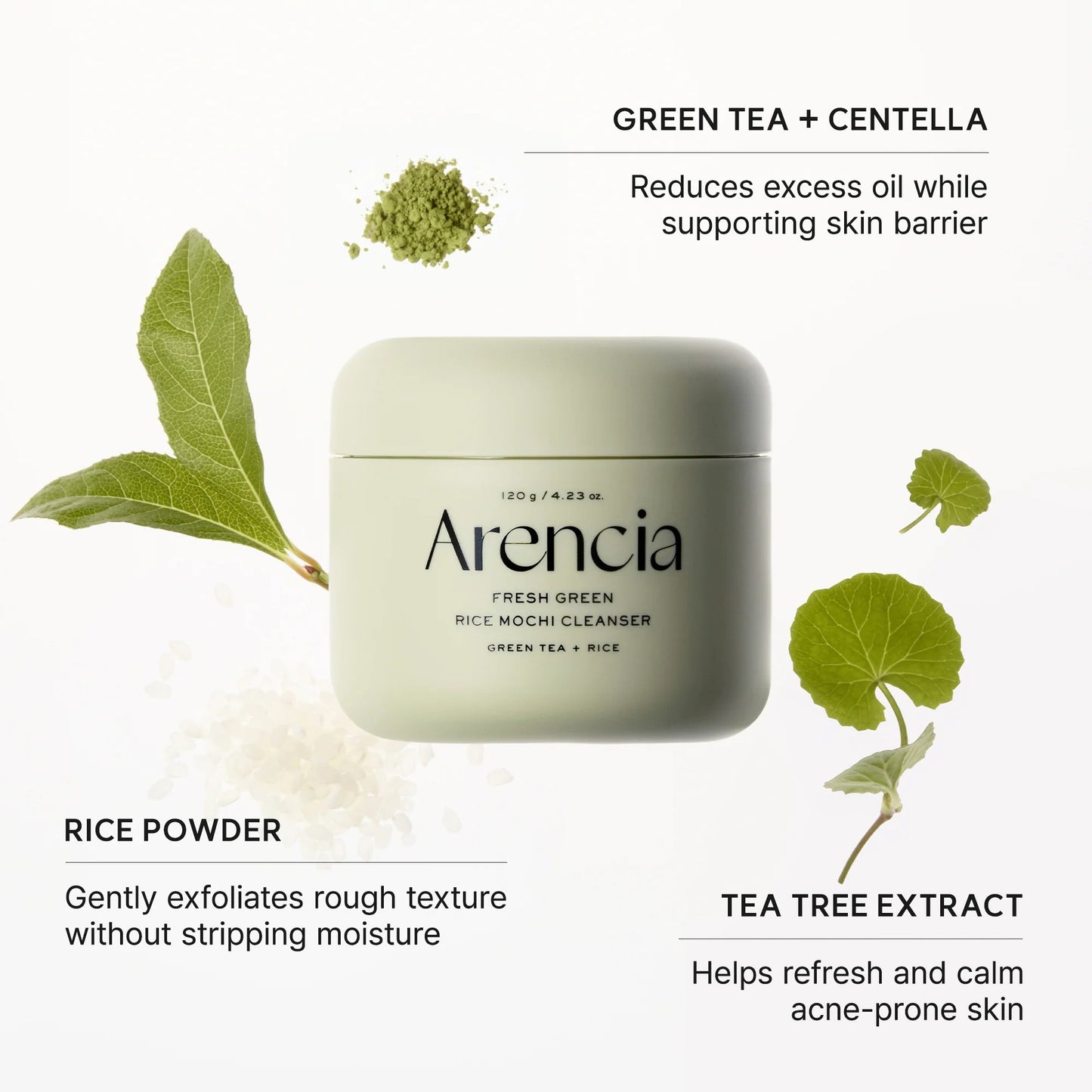 Arencia Fresh Green Rice Mochi Cleanser with green tea and centella on a white background