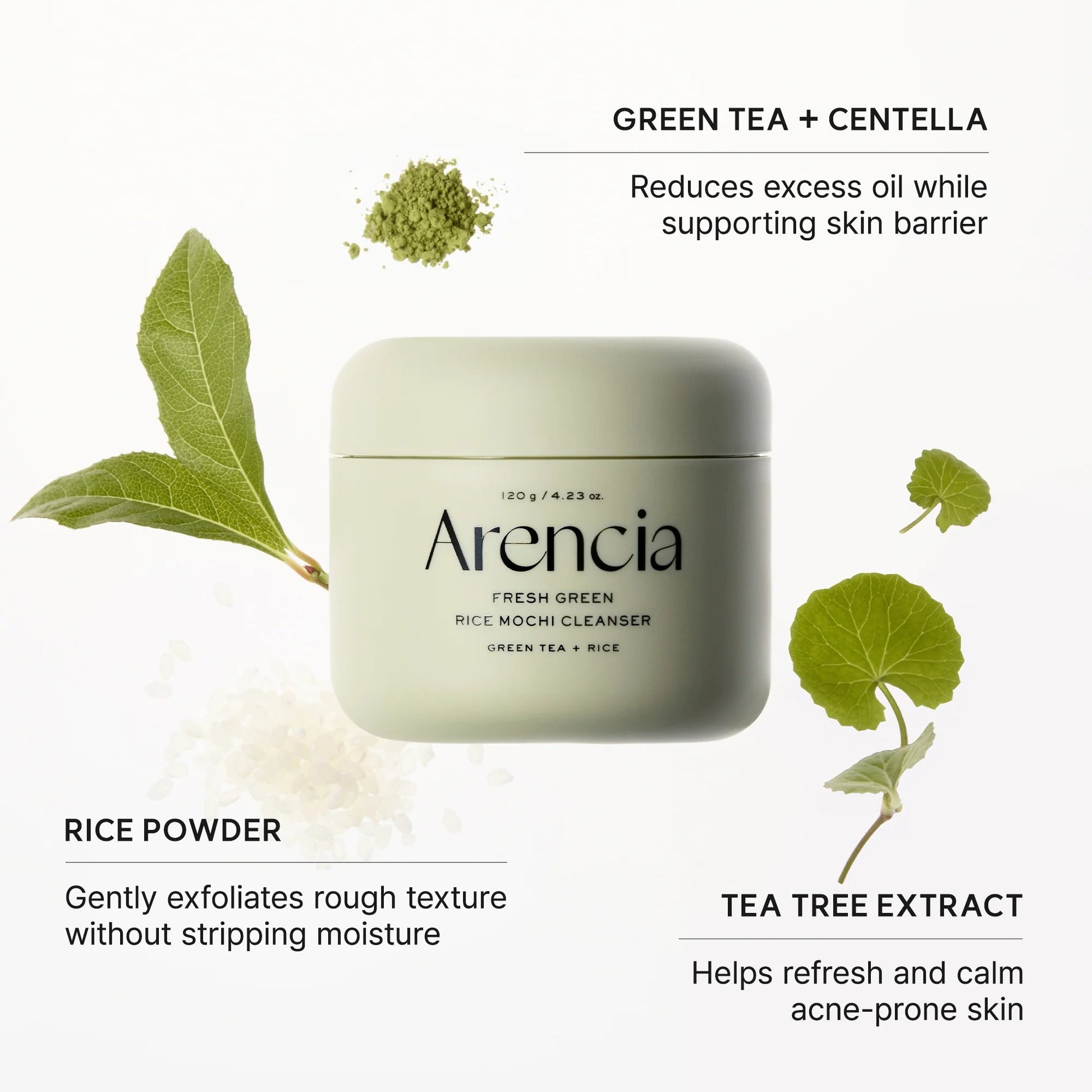 Arencia Fresh Green Rice Mochi Cleanser with green tea and centella on a white background