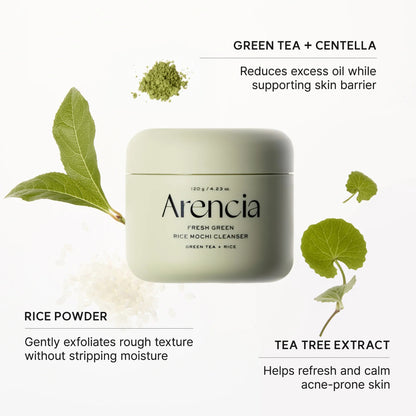 Arencia Fresh Green Rice Mochi Cleanser with green tea and centella on a white background