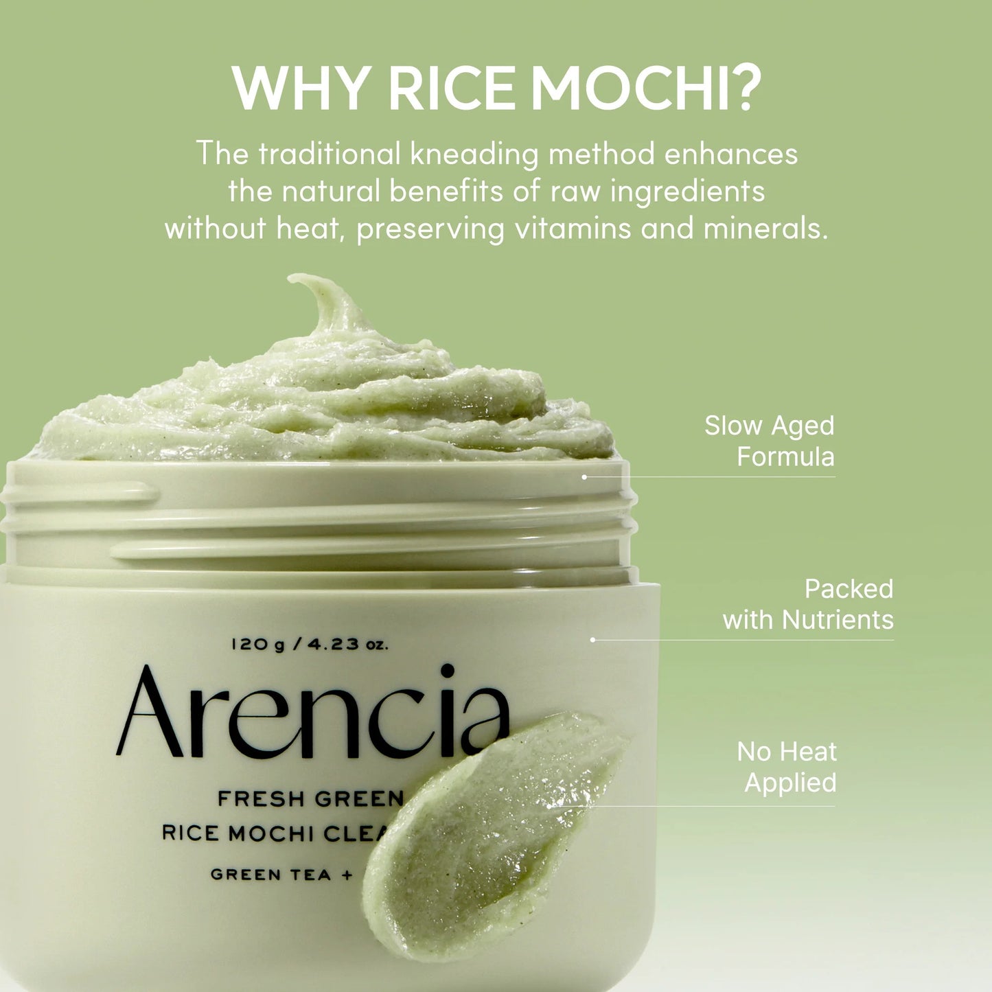 Jar of Arencia Fresh Green Rice Mochi Cream with text explaining benefits on a green background
