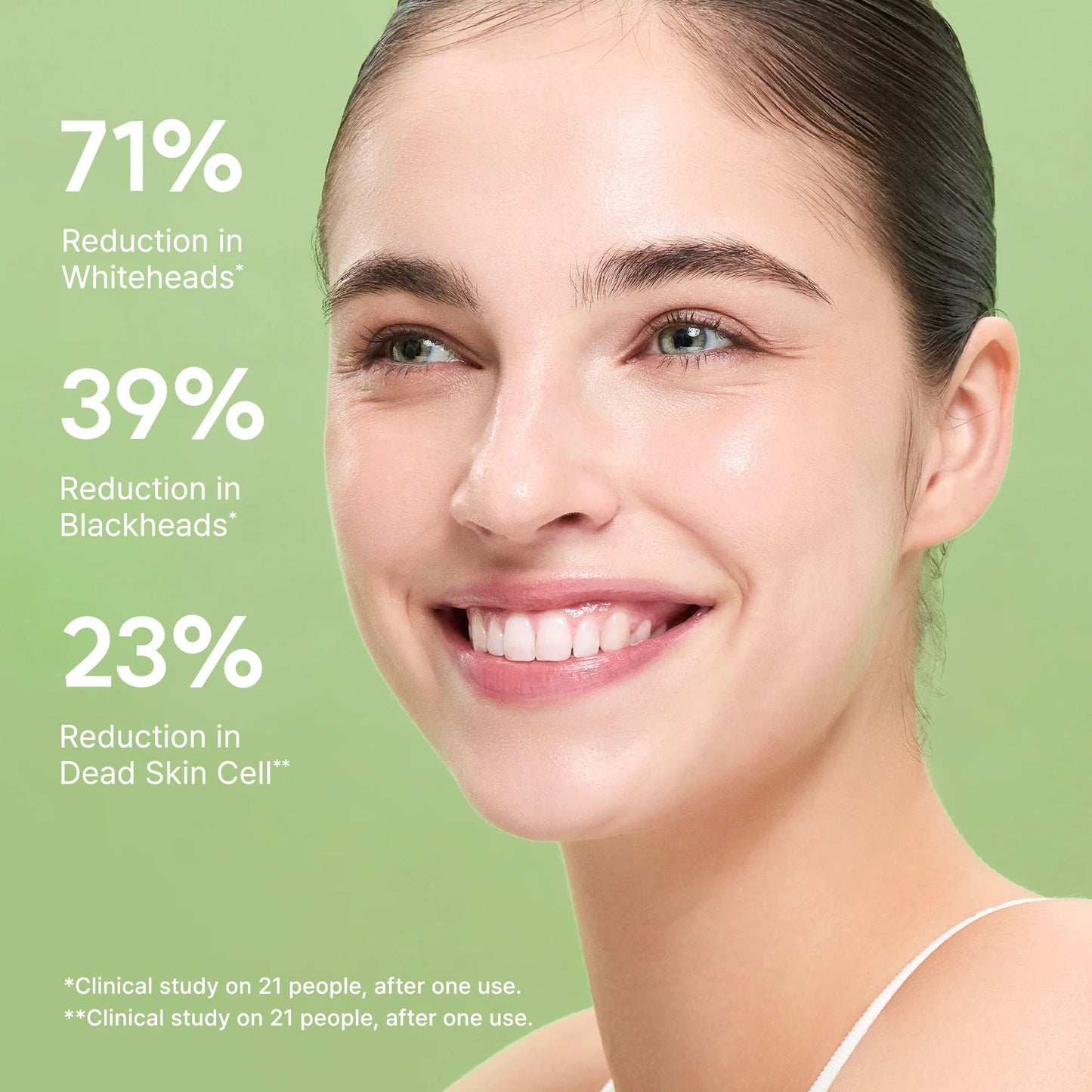 Woman with clear skin on a green background with skincare product percentage text