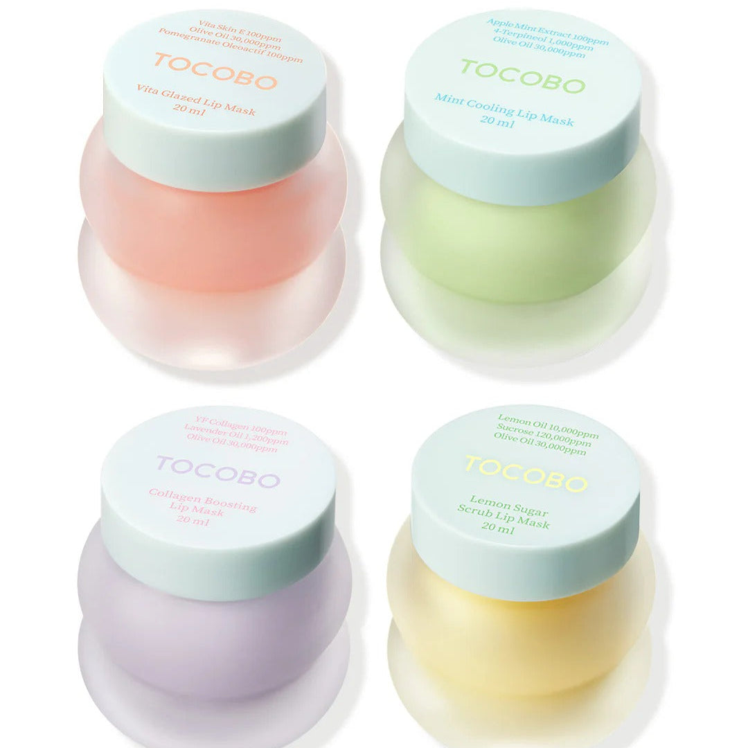 Four jars of Tocobo lip balm with pastel-colored lids on a white background
