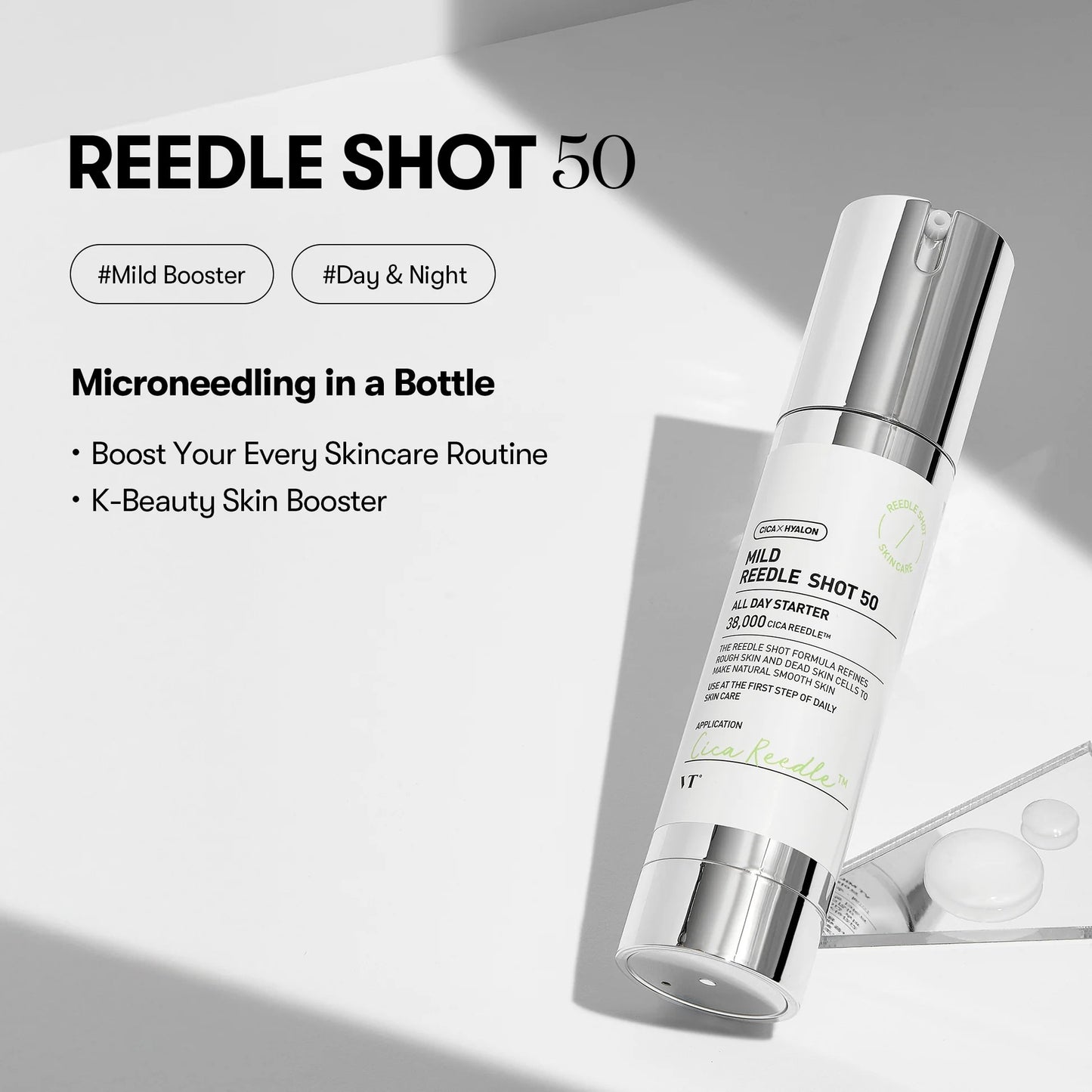 Skincare product labeled 'REEDLE SHOT 50' on a light gray background