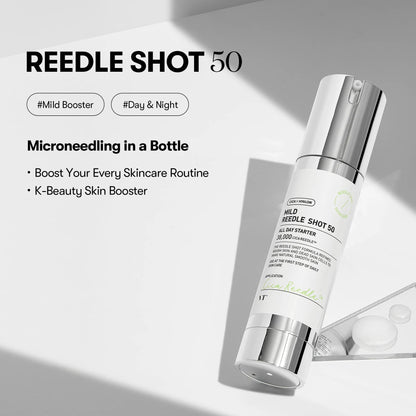 Skincare product labeled 'REEDLE SHOT 50' on a light gray background