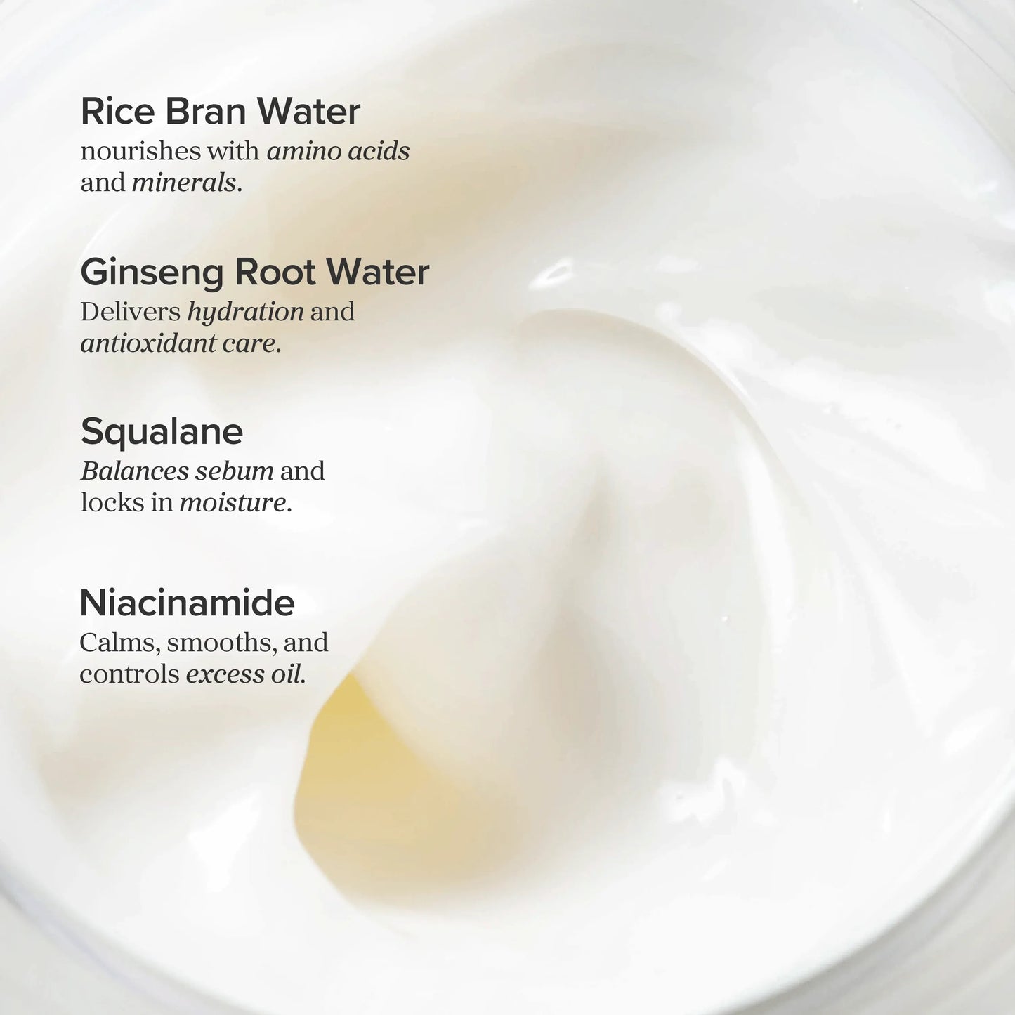 Close-up of a skincare product with text detailing its benefits on a white background