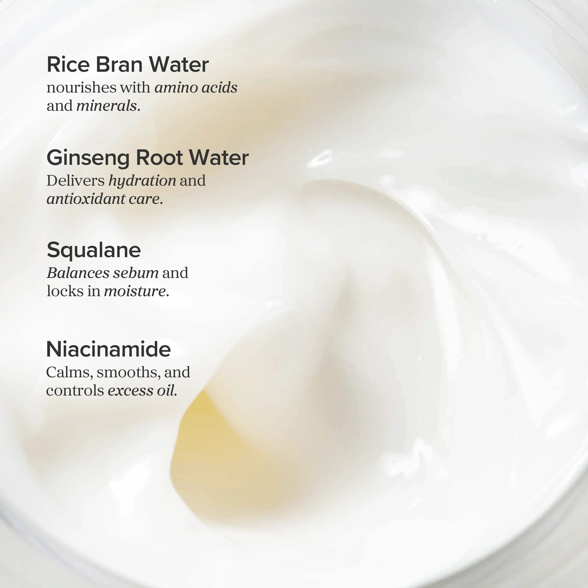 Close-up of a skincare product with text detailing its benefits on a white background