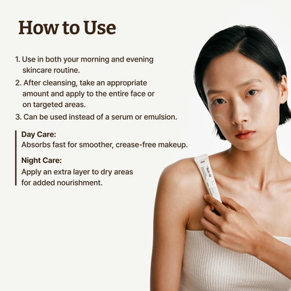 Woman applying skincare product with usage instructions on a white background