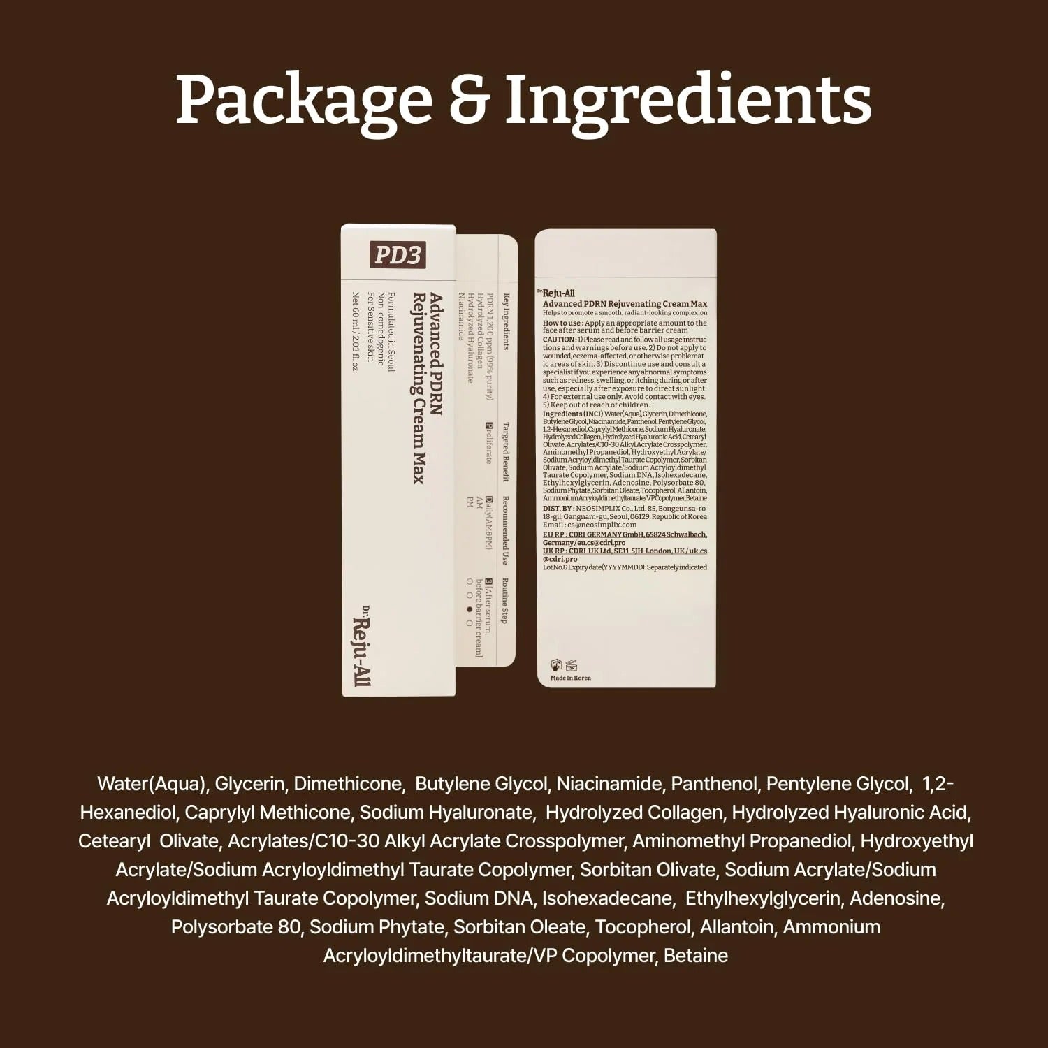 Product package with ingredients list on a brown background