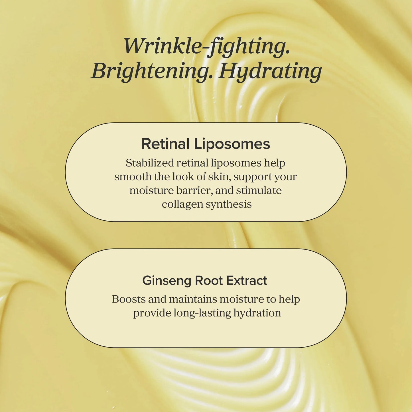 Cosmetic product description with retinal liposomes and ginseng root extract on a gold background