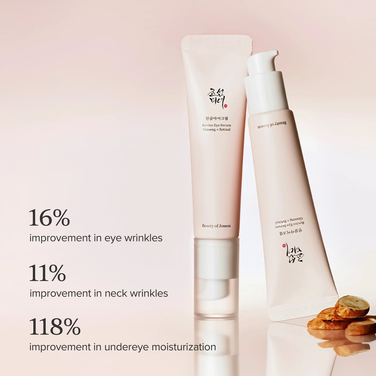 Two skincare products with text on a pink background