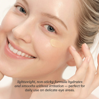 Woman applying cream under eye with text about product benefits