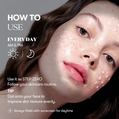 Skincare product application guide with a close-up of a person's face.