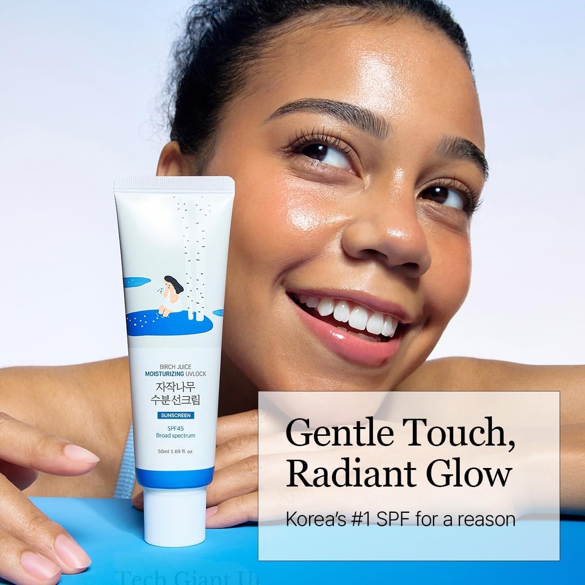 Woman with a tube of sunscreen and text 'Gentle Touch, Radiant Glow' on a blue background