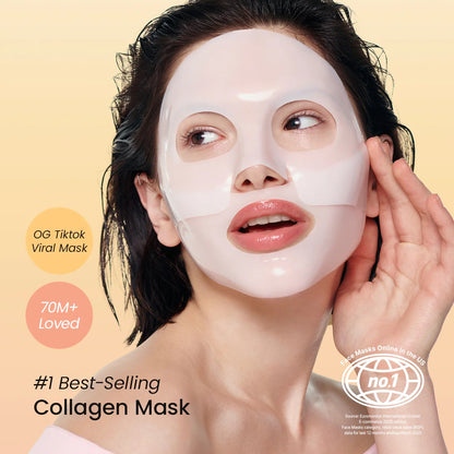 Woman wearing a collagen mask with promotional text on a beige background