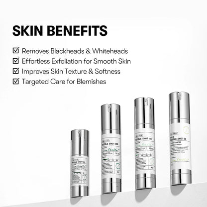 Skincare product bottles with text highlighting skin benefits on a white background