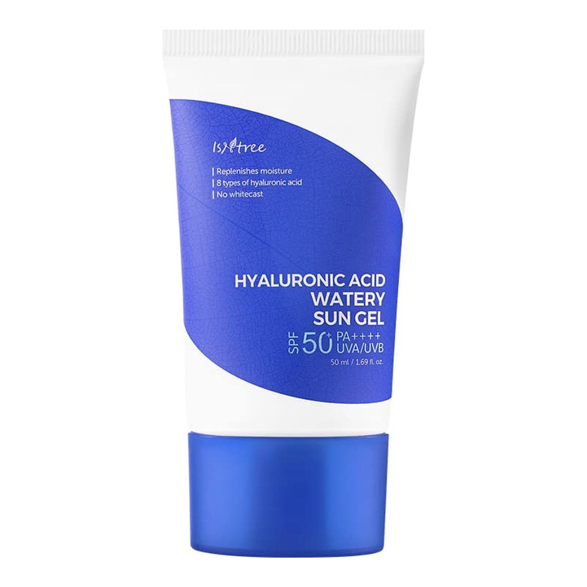 Blue and white sunscreen gel container with '100tree' branding on a white background